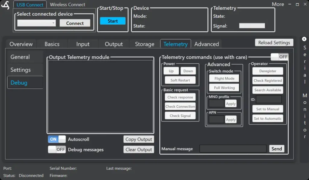 SmartConfig2 telemetry debug controls for checking and selecting a cellular network