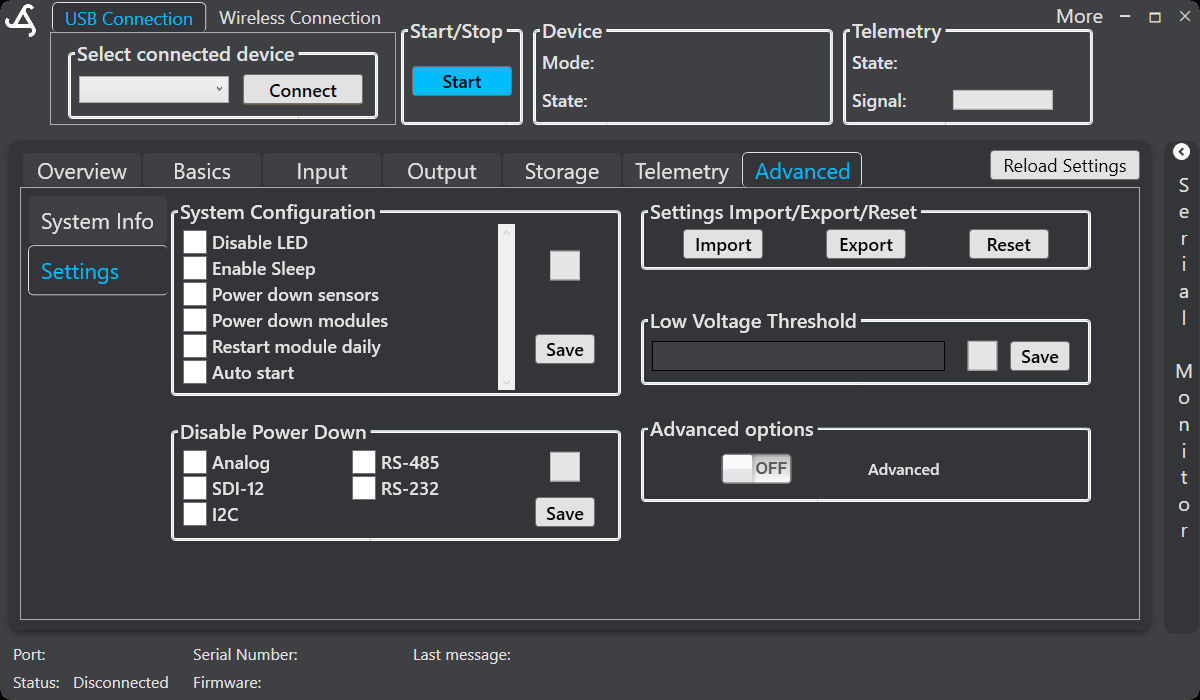 SmartConfig2 Advanced Settings showing system configuration, settings transfer, low-voltage threshold, and interface power-down controls