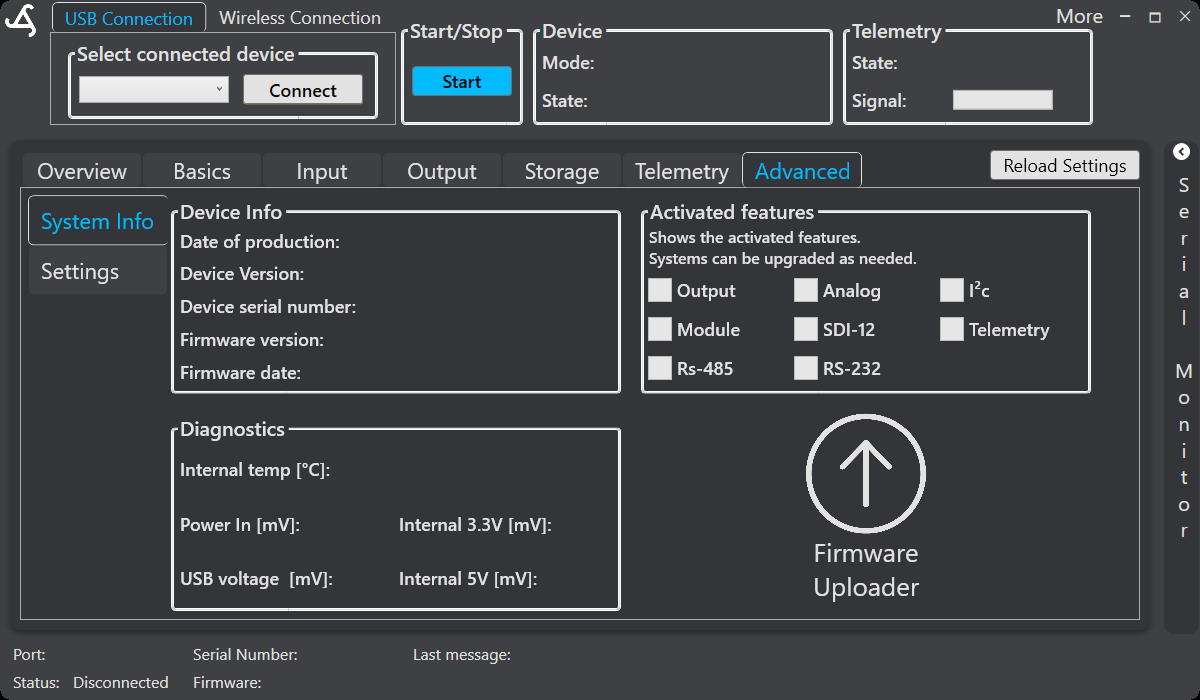 SmartConfig2 Advanced System Info showing device information, activated features, diagnostics, and Firmware Uploader