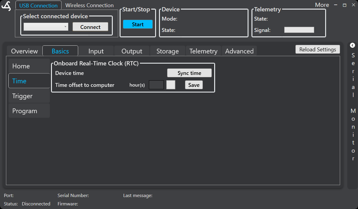SmartConfig2 Basics Time page showing the onboard real-time clock, Sync time, and time offset controls