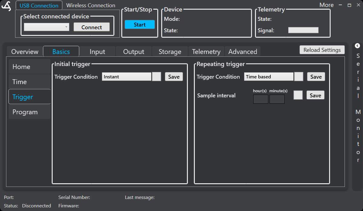 SmartConfig2 Basics Trigger page showing independent initial and repeating trigger controls
