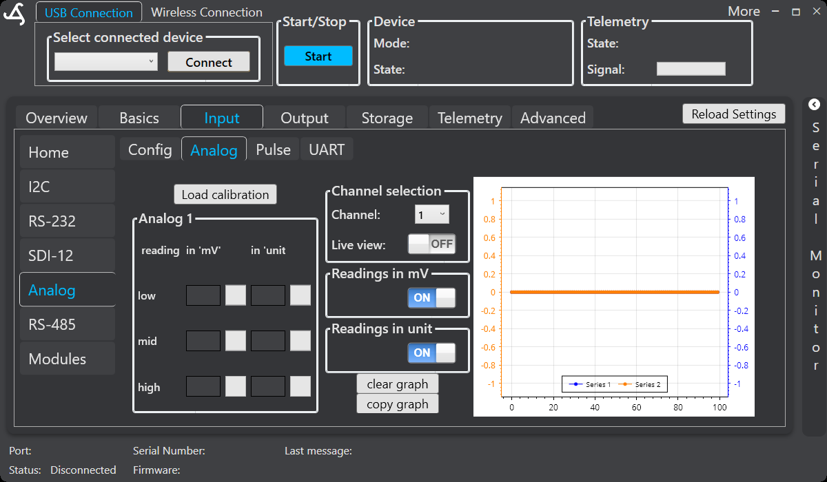 SmartConfig2 Analog tab showing channel selection, three-point calibration, live-view controls, and graph