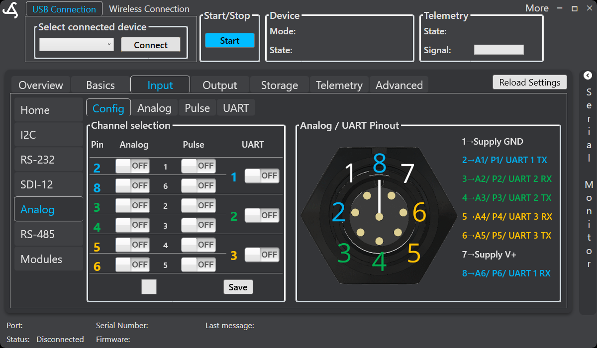 SmartConfig2 Input Analog Config page showing shared Analog, Pulse, and UART channel switches and the Analog / UART pinout