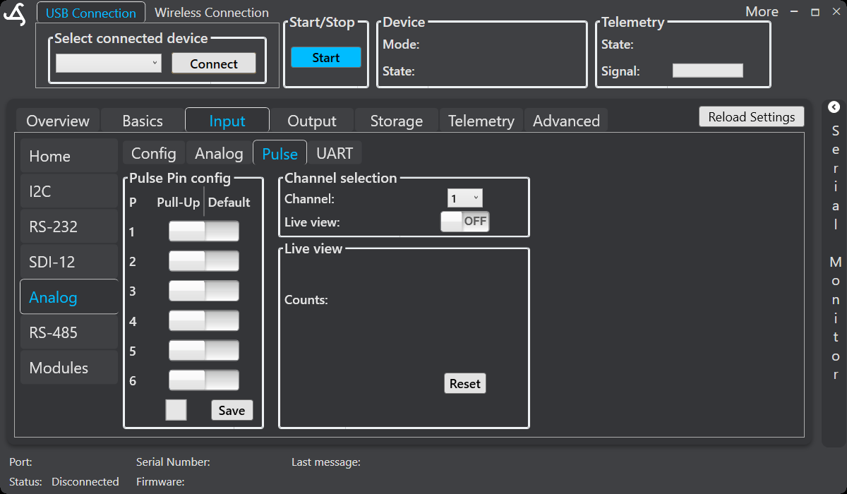 SmartConfig2 Pulse tab showing pull-up and default controls for six channels, channel selection, live view, counts, and reset