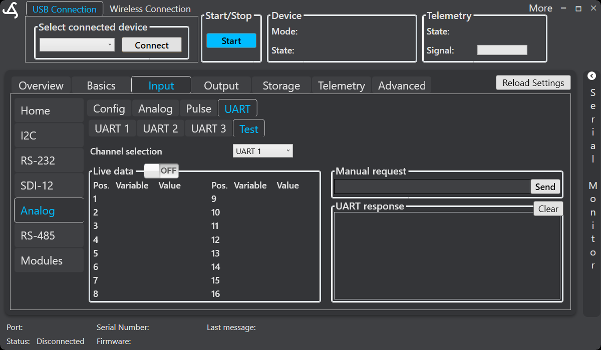 SmartConfig2 UART Test tab showing channel selection, live data, manual request, Send, UART response, and Clear