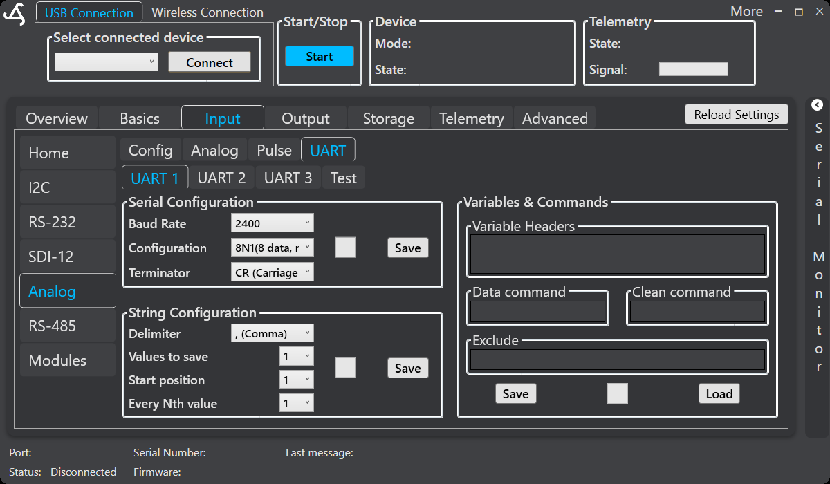 SmartConfig2 UART configuration showing serial settings, string parsing, variables, and commands