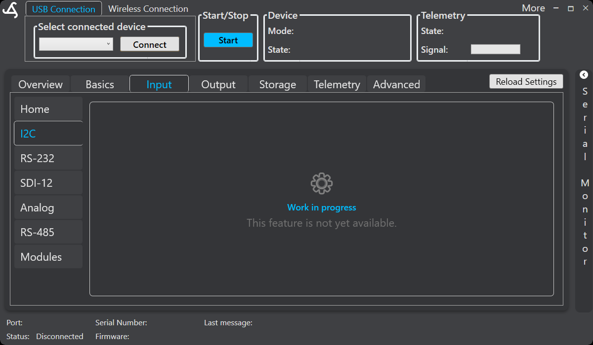SmartConfig2 Input I²C page showing the Work in progress message and unavailable feature notice