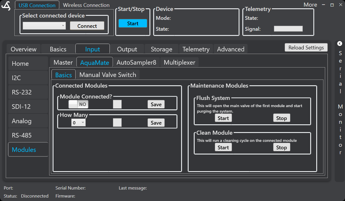 SmartConfig2 AquaMate Basics tab showing module settings and maintenance controls