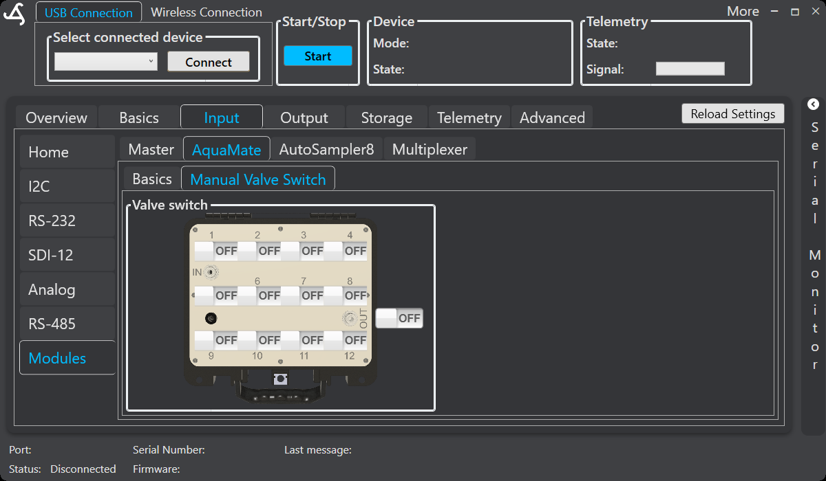 SmartConfig2 AquaMate Manual Valve Switch tab showing valve positions 1 through 12