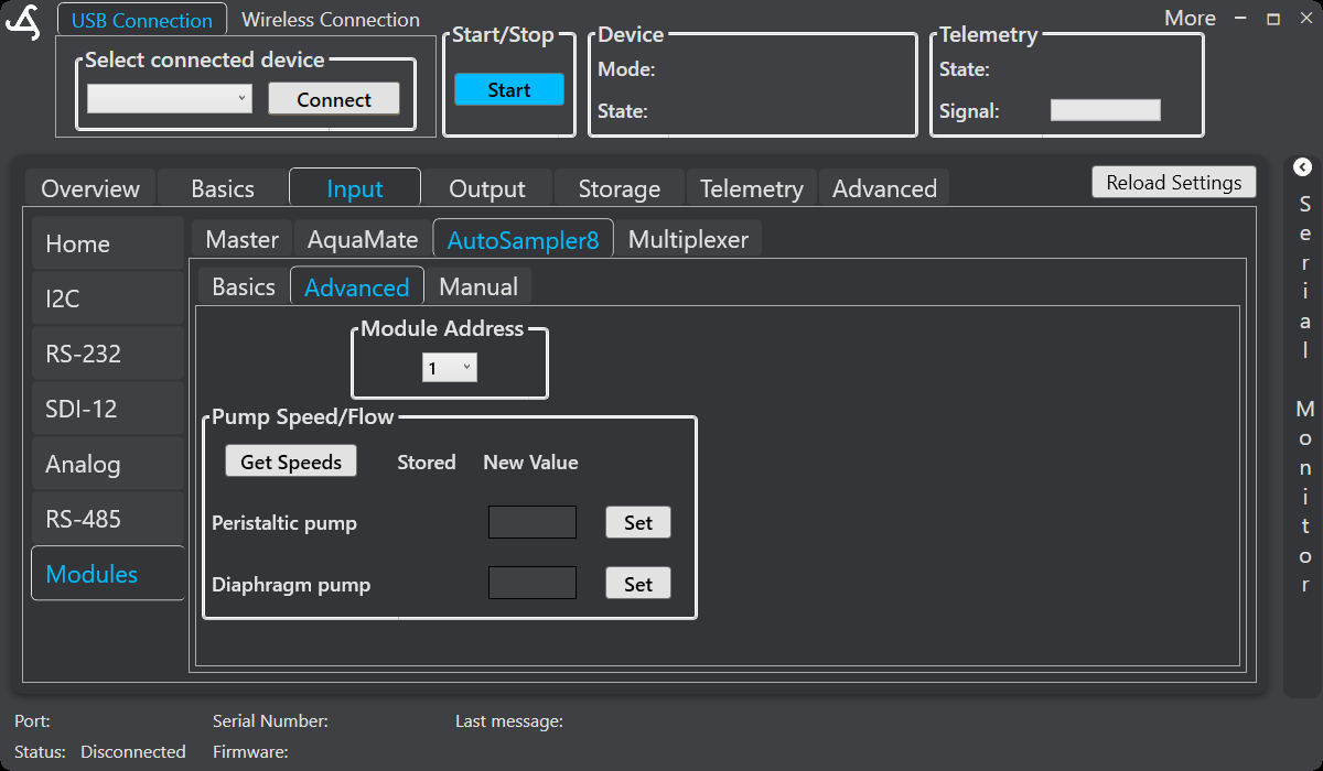 SmartConfig2 AutoSampler8 Advanced tab showing module and calibration controls