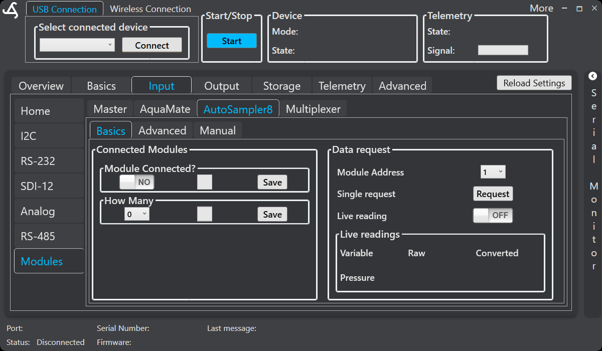SmartConfig2 AutoSampler8 Basics tab showing module quantity, data request, and live readings
