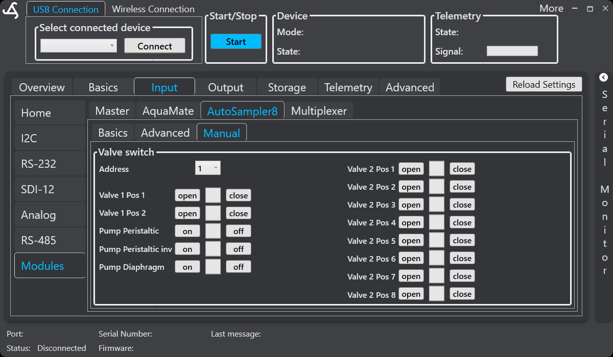 SmartConfig2 AutoSampler8 Manual tab showing direct valve and pump controls