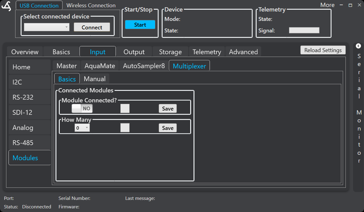 SmartConfig2 Multiplexer Basics tab showing the connected-module settings