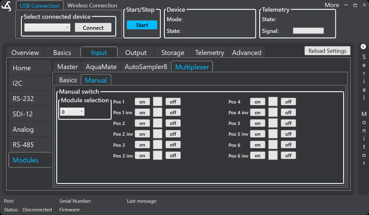 SmartConfig2 Multiplexer Manual tab showing controls for positions 1 through 6 and inverted positions