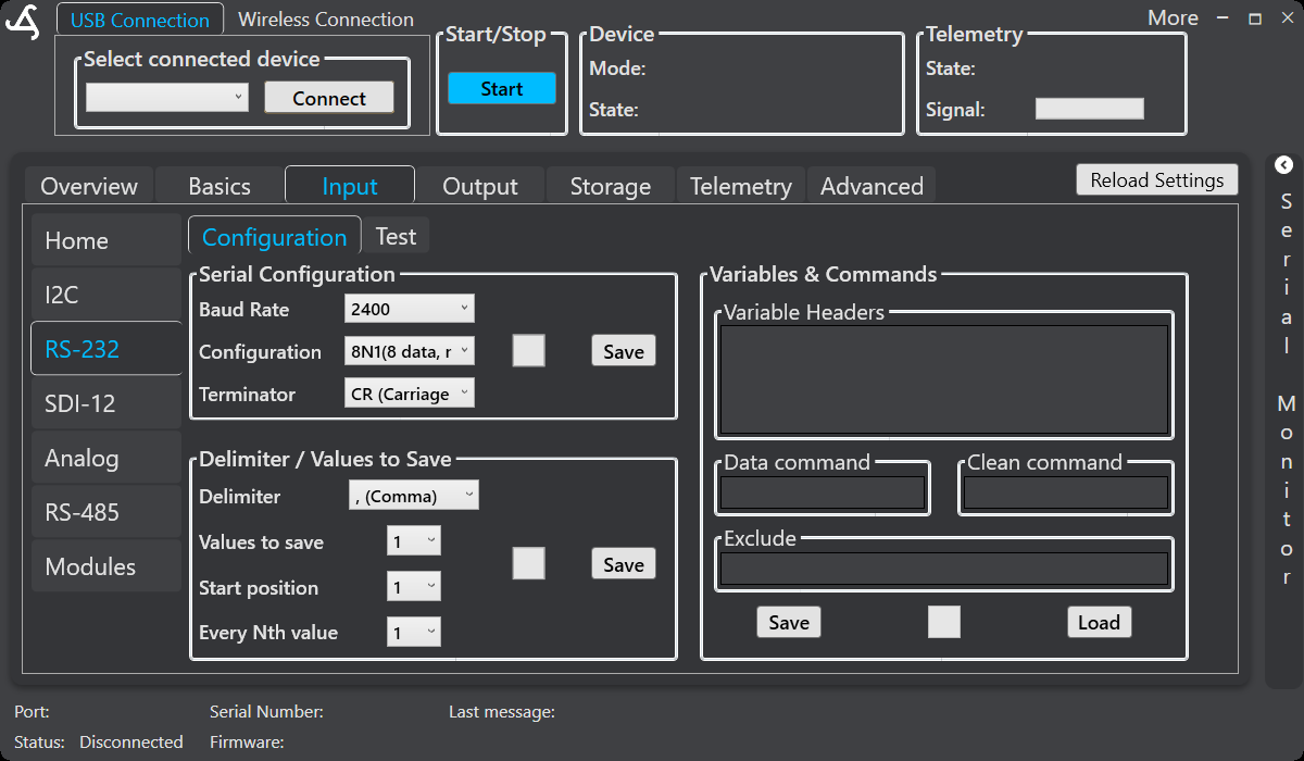 SmartConfig2 Input RS-232 Configuration tab