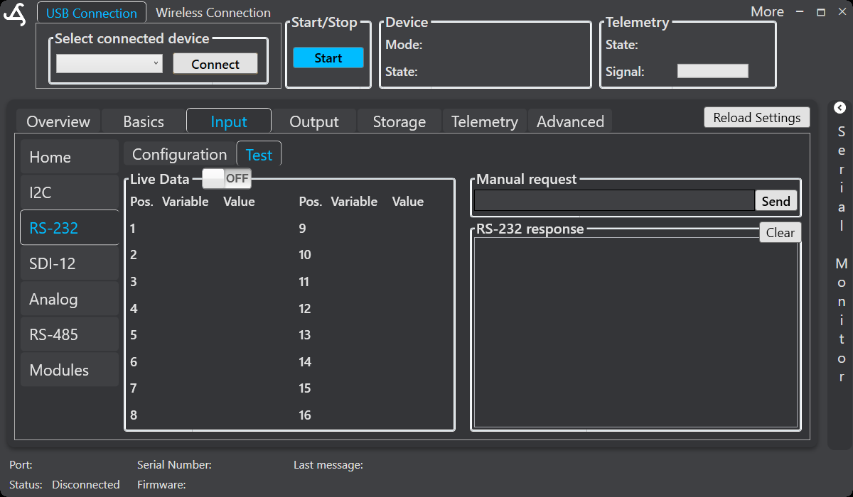 SmartConfig2 Input RS-232 Test tab