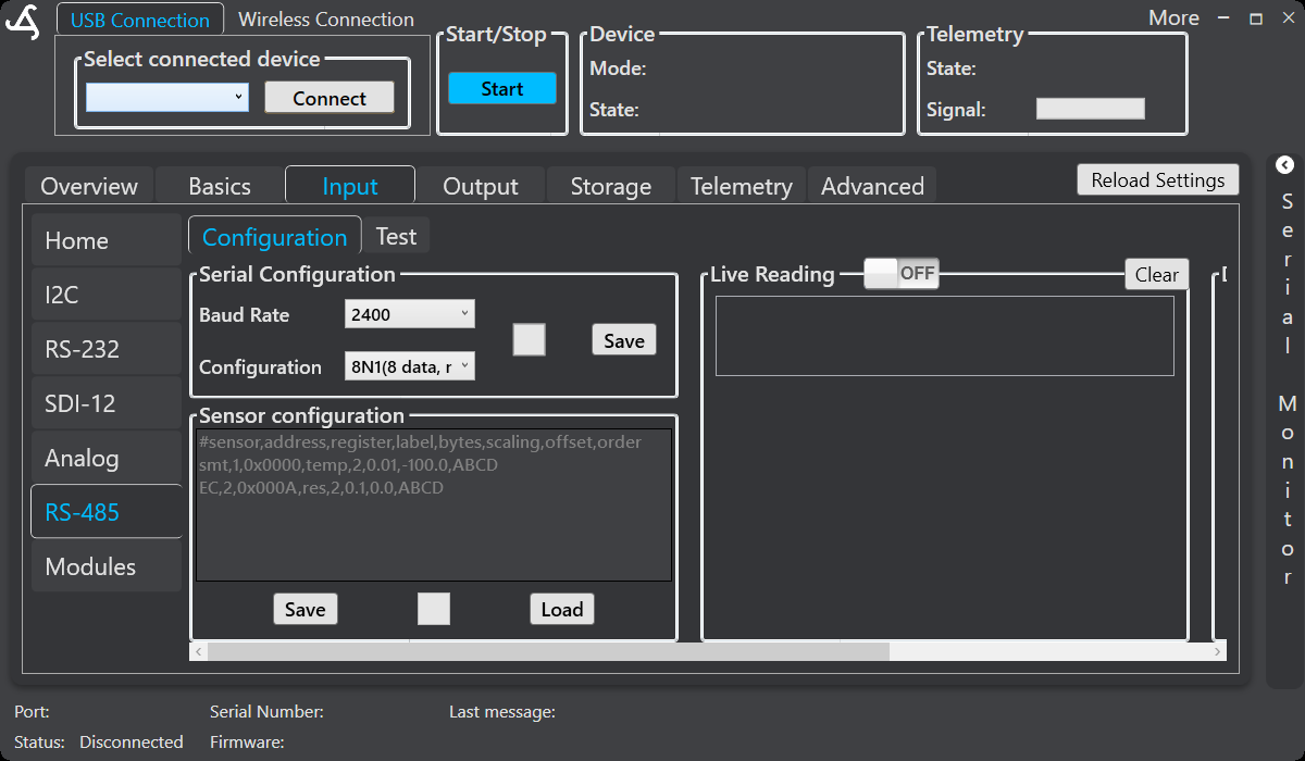 SmartConfig2 Input RS-485 Configuration tab showing serial settings, sensor configuration, Save and Load controls, and Live Reading