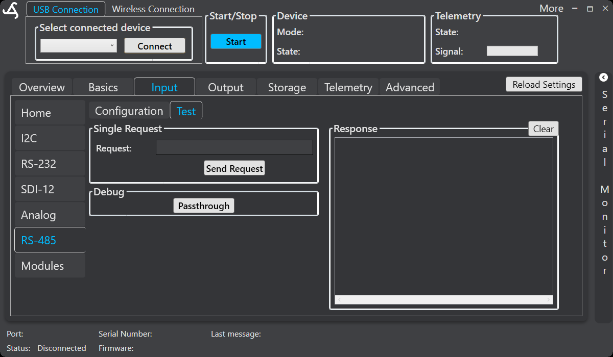 SmartConfig2 Input RS-485 Test tab showing Single Request, Send Request, Response, Clear, and Passthrough controls