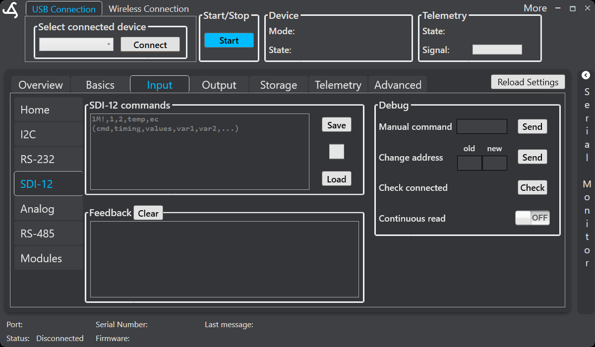 SmartConfig2 Input SDI-12 screen showing command, feedback, and debug controls