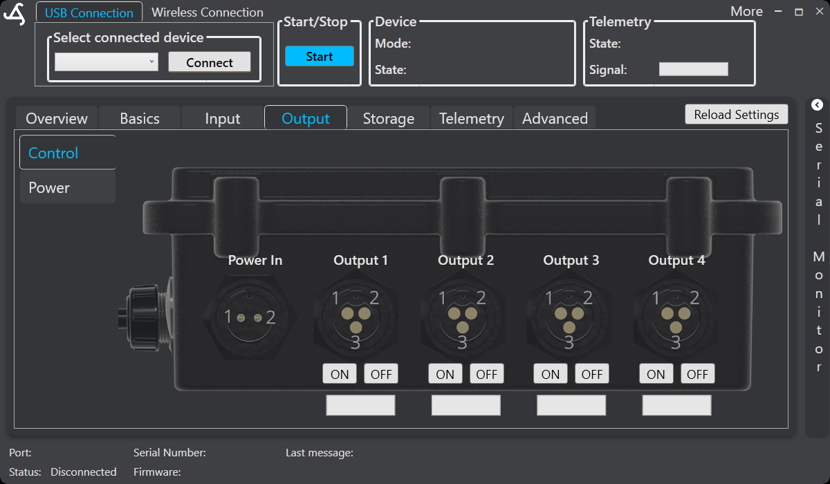 SmartConfig2 Output controls showing output switching and power settings