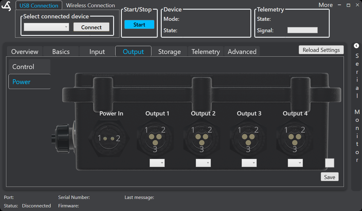 SmartConfig2 Output Power tab showing Power In, four output selectors, and Save