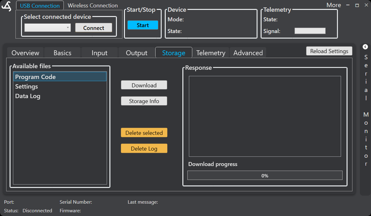 SmartConfig2 Storage area showing available files and file-management controls