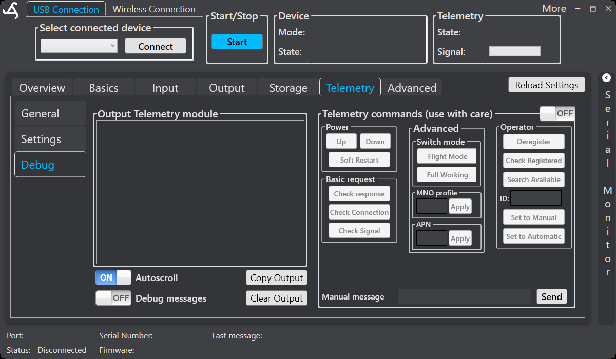 SmartConfig2 Telemetry Debug view showing telemetry output, modem controls, operator controls, and manual message controls