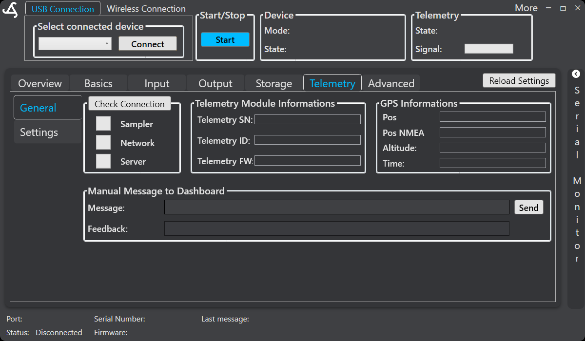 SmartConfig2 Telemetry General view showing sampler, network, and server connection checks, telemetry-module information, GPS information, and the manual dashboard message area