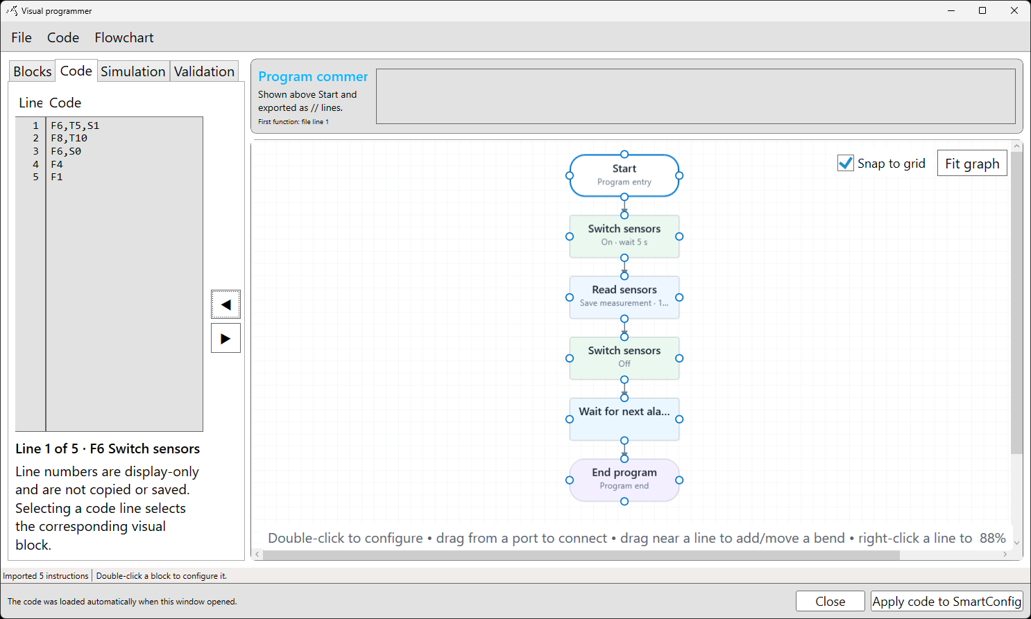 SmartConfig2 Visual Programmer showing the Code tab with line-based program code and its corresponding flowchart
