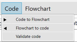 SmartConfig2 Code menu showing Code to Flowchart, Flowchart to code, and Validate code