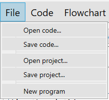 Visual Programmer File menu showing Open code, Save code, Open project, Save project, and New program