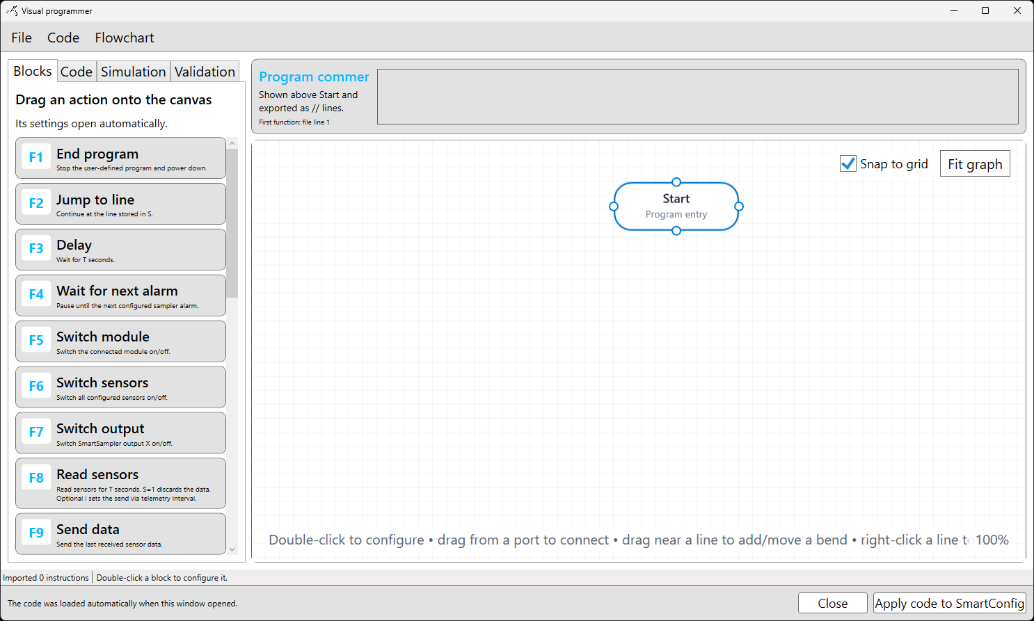 SmartConfig2 Visual Programmer with the Blocks tab and Start block