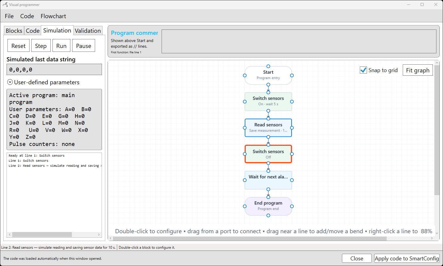 SmartConfig2 Visual Programmer Simulation tab with Reset, Step, Run, and Pause controls