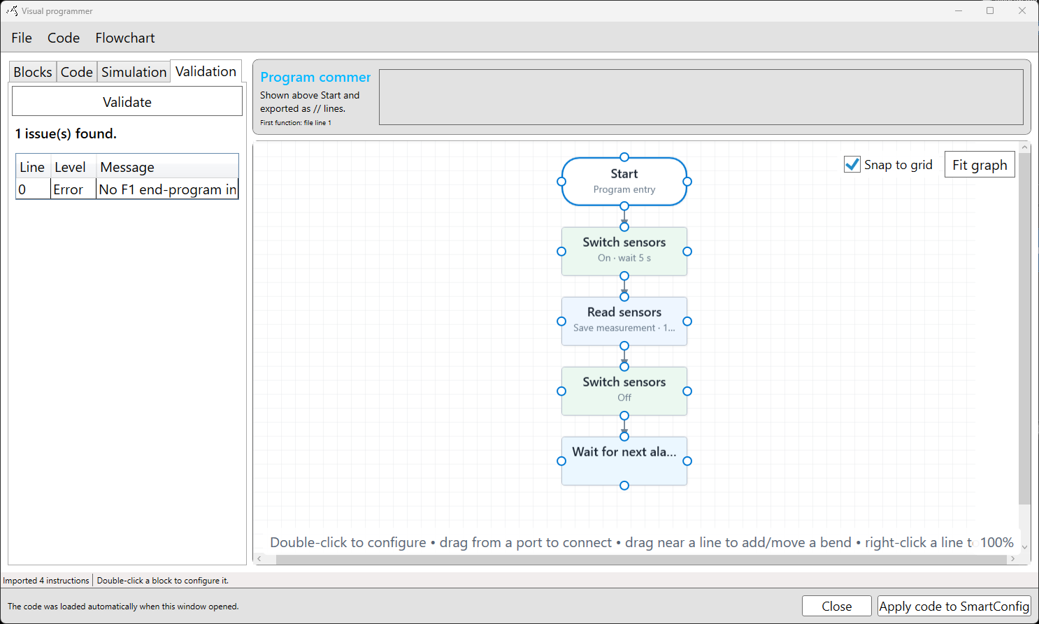 SmartConfig2 Visual Programmer Validation tab showing validation results