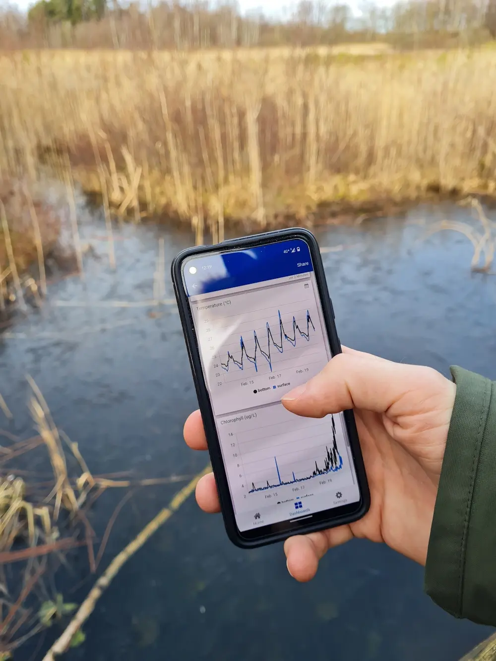 Live environmental telemetry displayed on a phone beside the monitoring site
