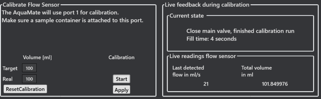 AquaMate control panel during flow calibration
